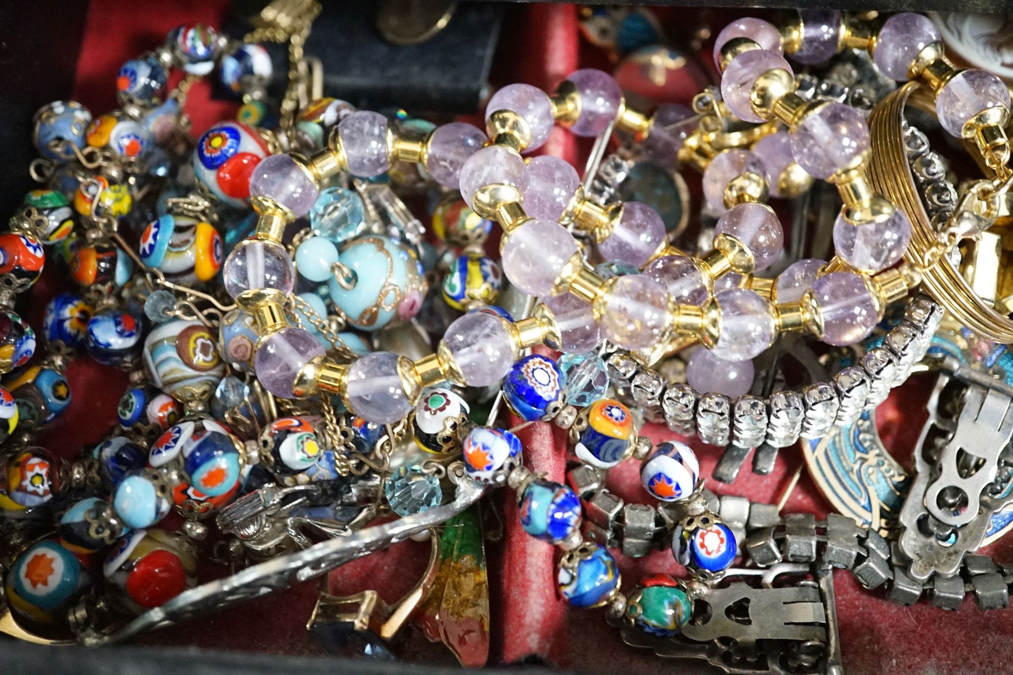 A quantity of assorted mainly costume jewellery, including Venetian style glass bead necklaces, banded agate necklace, earrings, brooches, marcasite, etc.